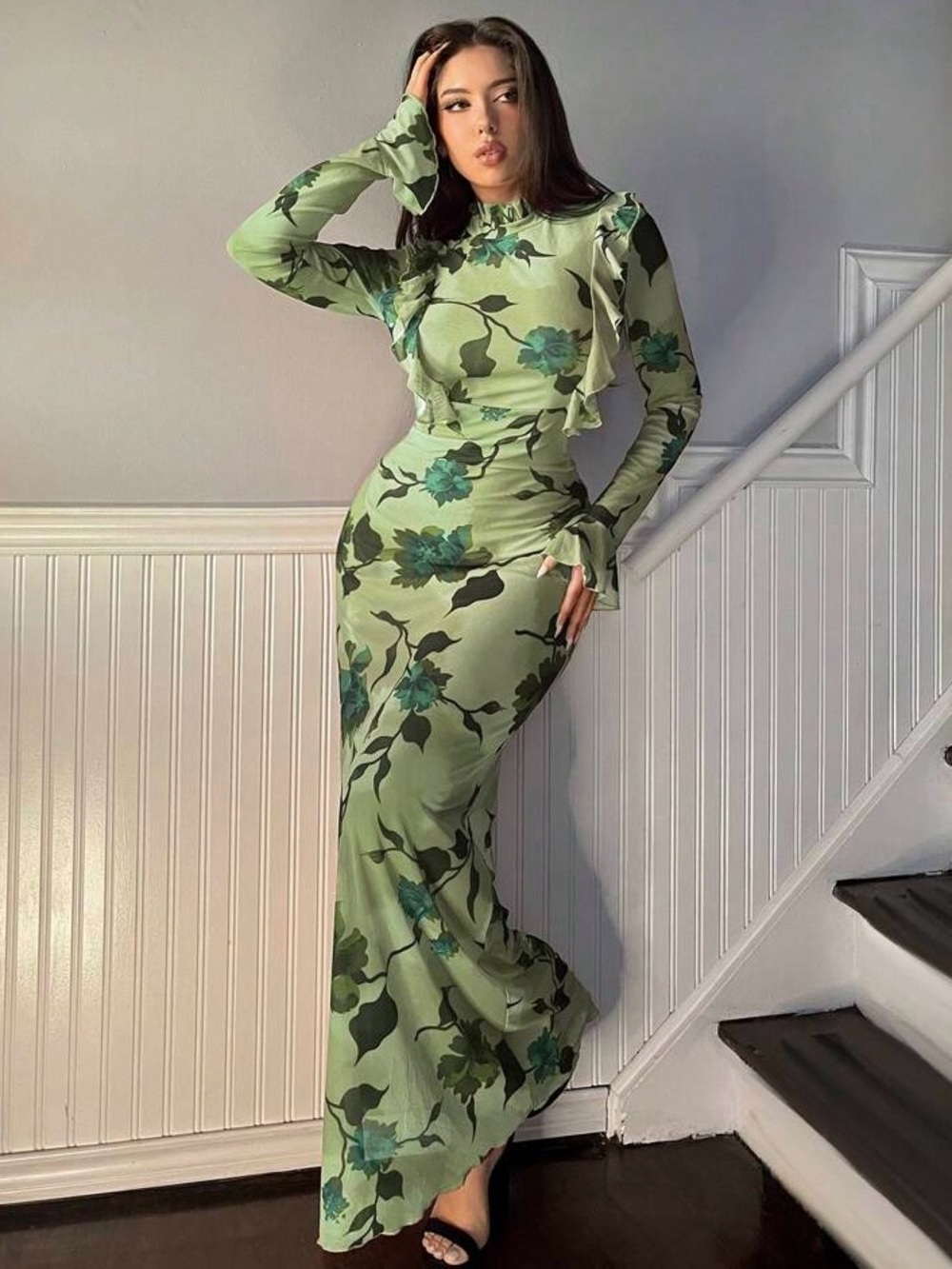 Green Floral Open-Back Maxi Dress - S - Picture 3 of 6